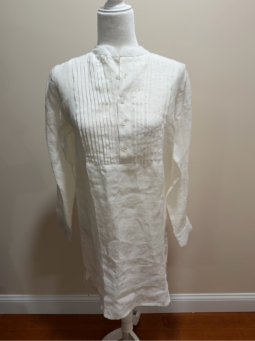 NWT Annie Selke Pine Cone Hill White Pleated Long Sleeve 100% Linen Dress Sz M/L